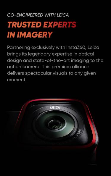 Leica and Insta360 camera lens, surrounded by a red frame. Text highlights collaboration: 'TRUSTED EXPERTS IN IMAGERY'.