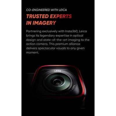 Leica and Insta360 camera lens, surrounded by a red frame. Text highlights collaboration: 'TRUSTED EXPERTS IN IMAGERY'.