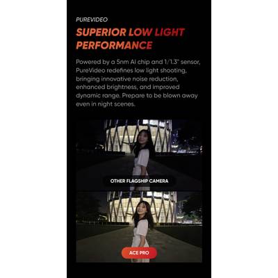 'PureVideo superior low-light performance', Woman in front of illuminated building, Photo comparison: 'Other Flagship Camera' and 'Ace Pro'.