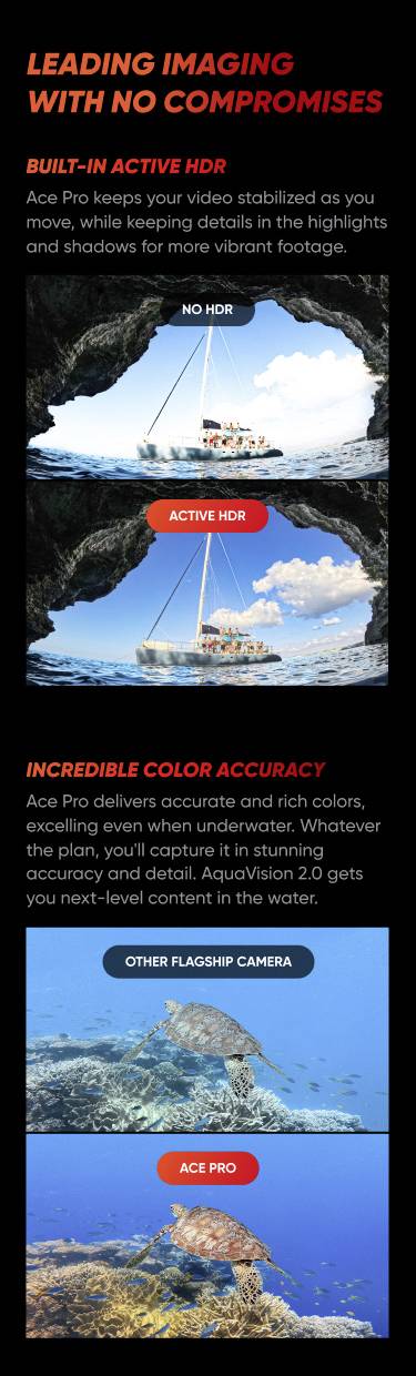 'LEADING IMAGING WITH NO COMPROMISES'. Image comparison: Above 'ACTIVE HDR' shows a vibrant boat on the water; below 'INCREDIBLE COLOUR ACCURACY' compares cameras: left pale, right 'ACE PRO' vivid.