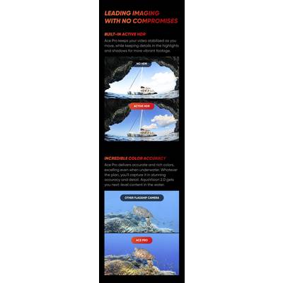 'LEADING IMAGING WITH NO COMPROMISES'. Image comparison: Above 'ACTIVE HDR' shows a vibrant boat on the water; below 'INCREDIBLE COLOUR ACCURACY' compares cameras: left pale, right 'ACE PRO' vivid.