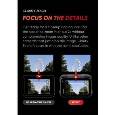 Two camera images: on the left, blurry details with '2x' marker, on the right, a clear image with '2x'. Text: Clarity Zoom enhances details.