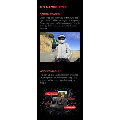'GO HANDS-FREE' at the top. Image of a motorcyclist making a hand signal. Text explains gesture control for easier filming. Below: 'VOICE CONTROL 2.0' with camera, describes voice-controlled functions.