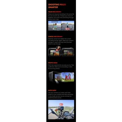 'Image description from top to bottom: Pause Recording shows a car on a bridge with camera symbols. Cancel Recording shows a camera screen with a deletion symbol. Photo Grab shows two people doing sport. Auto Dash shows a camera on a dashboard.'