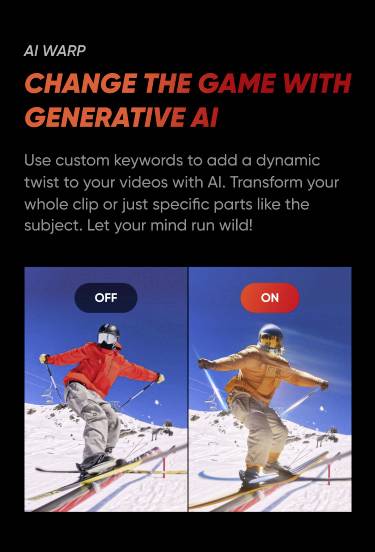 'AI Warp: Change the game with generative AI.' Two images of skiers with effects. Left 'OFF', right 'ON' showing more dynamic colours.