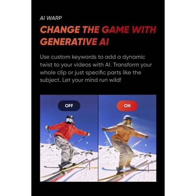 'AI Warp: Change the game with generative AI.' Two images of skiers with effects. Left 'OFF', right 'ON' showing more dynamic colours.