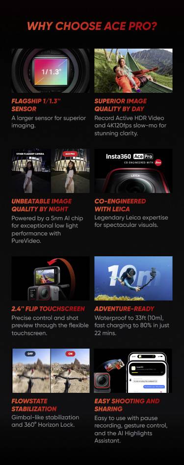 An advertising banner for 'Ace Pro' highlighting benefits: superior image quality, advanced technologies, flexible touchscreen control, stabilised video recordings, and easy setup.