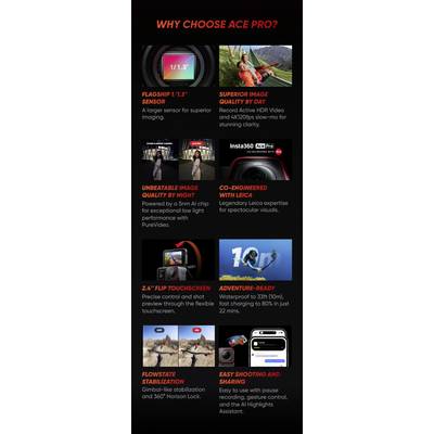 An advertising banner for 'Ace Pro' highlighting benefits: superior image quality, advanced technologies, flexible touchscreen control, stabilised video recordings, and easy setup.