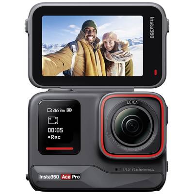Insta360 Ace Pro action camera, showing a couple taking a selfie in winter clothing against a snow-covered landscape.