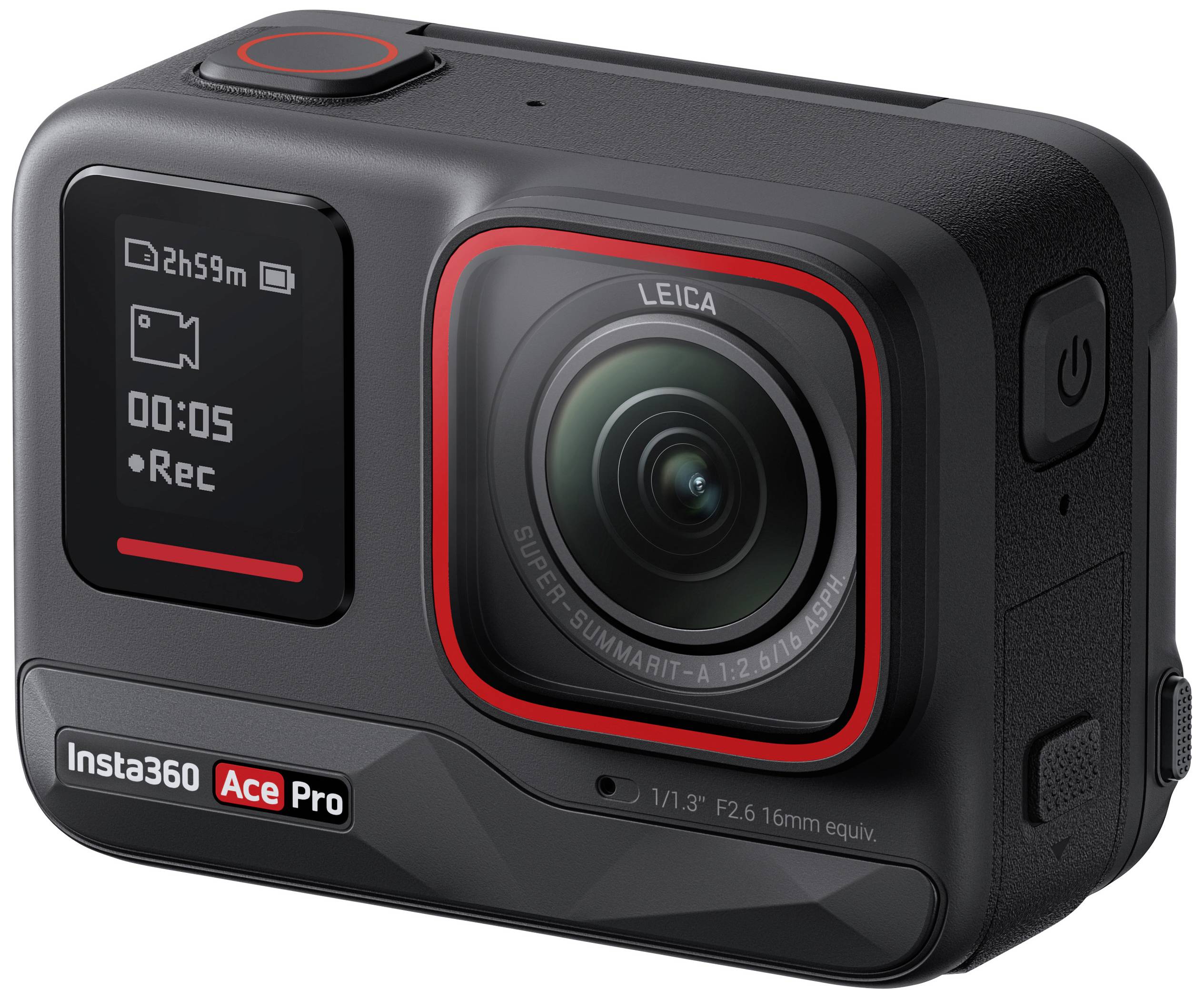 Digital camera in a black casing with a red accent, protruding lens and two screens on the front.