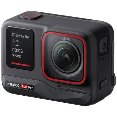Digital camera in a black casing with a red accent, protruding lens and two screens on the front.