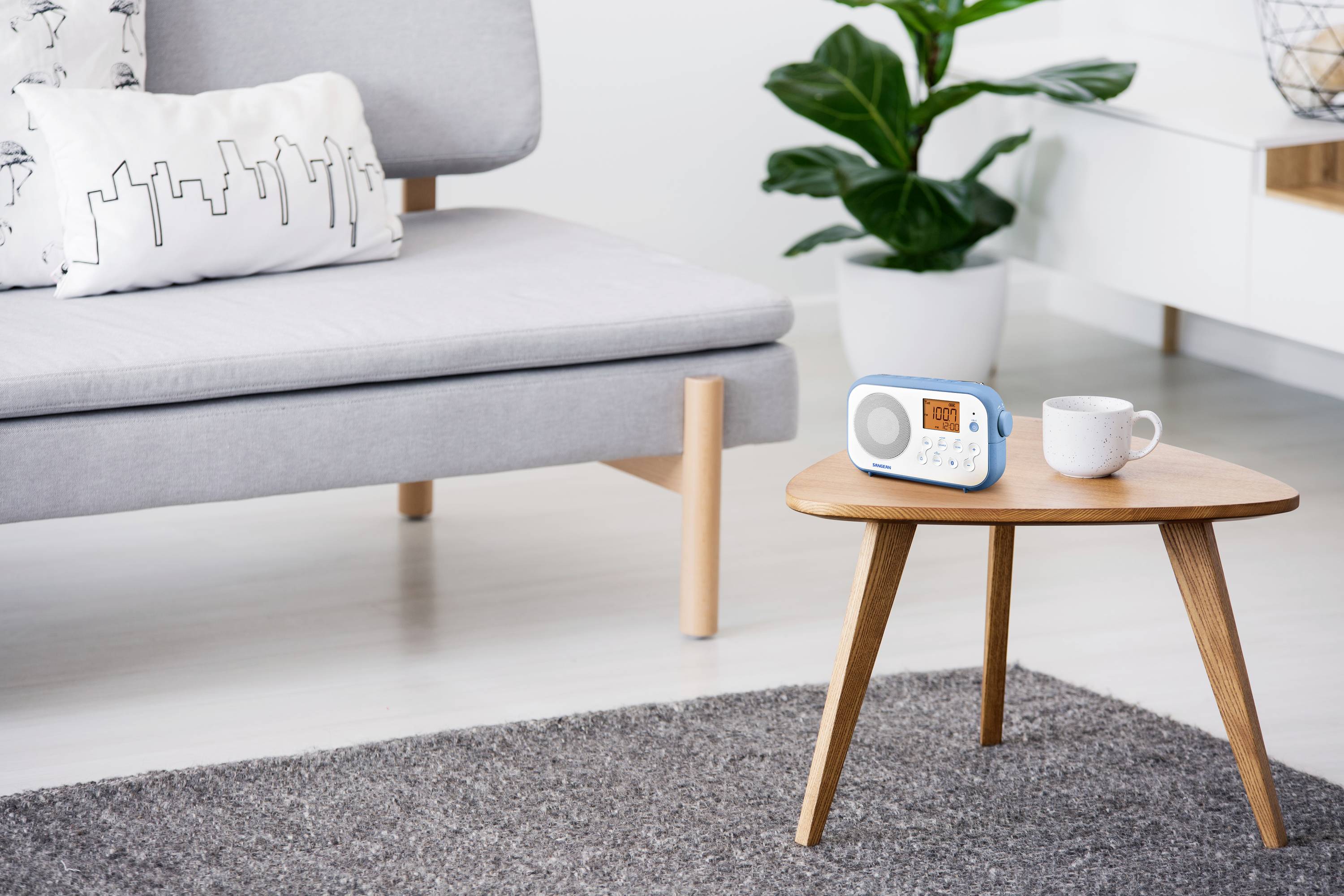 A small table radio sits on a wooden table next to a cup in a modernly furnished living room with a sofa and a plant.