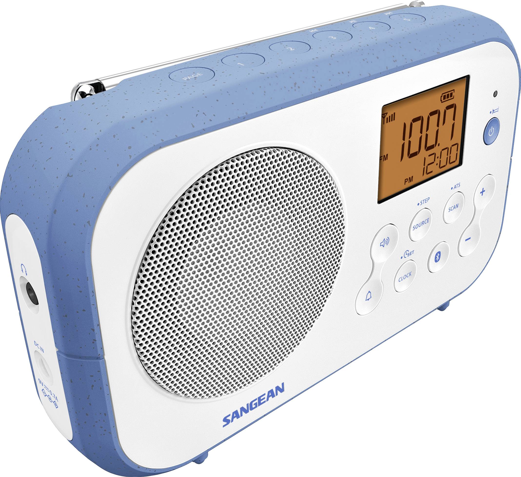 Blue and white portable radio with a digital display, showing '10:07', with speakers and controls on the front panel.