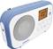 Blue and white portable radio with a digital display, showing '10:07', with speakers and controls on the front panel.