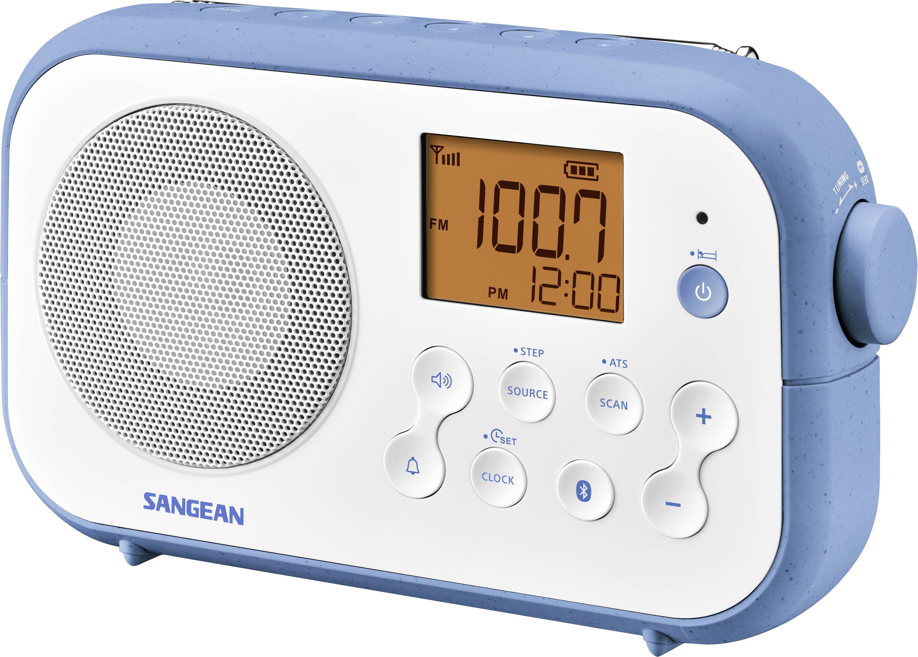 Portable radio with a blue casing and white front, displaying FM frequency 100.7 and time 12:00. Control buttons located at the bottom; brand name 'Sangean'.