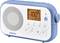 Portable radio with a blue casing and white front, displaying FM frequency 100.7 and time 12:00. Control buttons located at the bottom; brand name 'Sangean'.