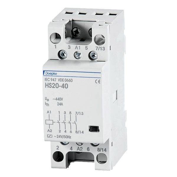 An electrical contactor with the label 'HS20-40', suitable for voltages up to 440V and current ratings up to 24A.