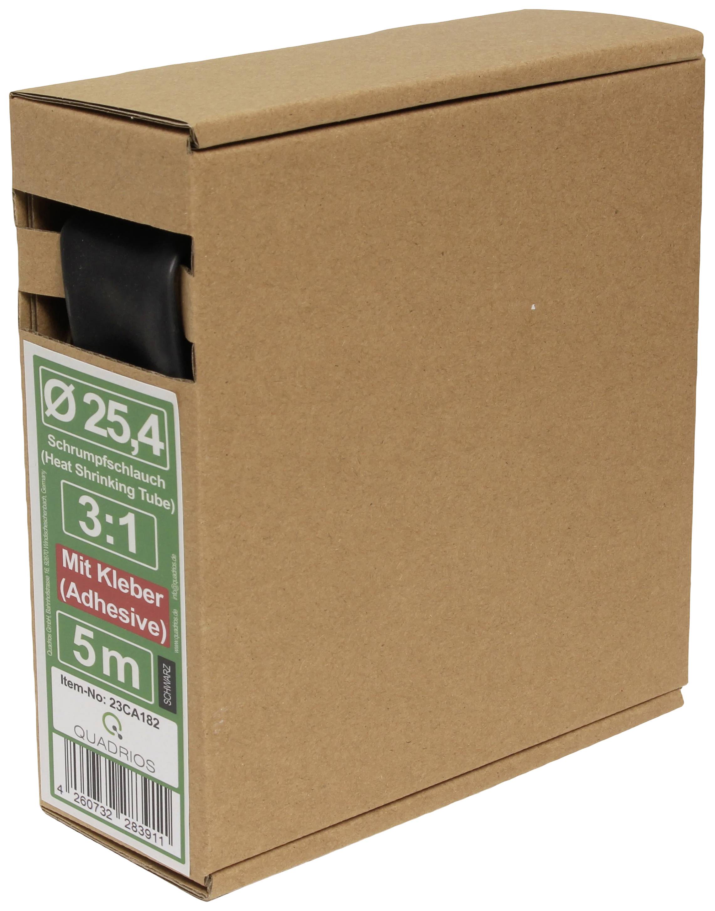 Cardboard packaging of a heat shrink tube with specifications: Diameter 25.4 mm, Shrink Ratio 3:1, Length 5 m, with Adhesive.
