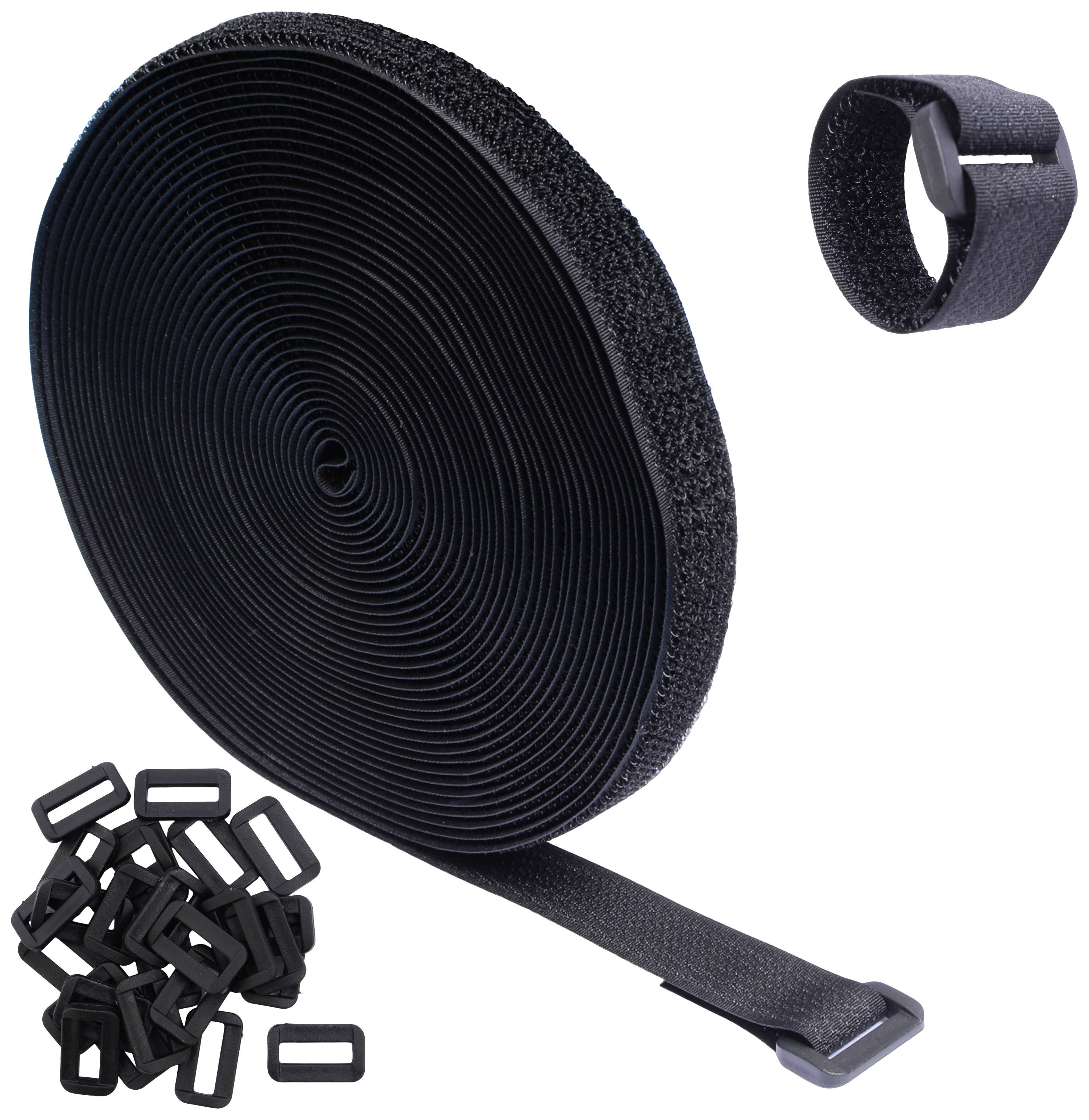Black hook and loop tape on a roll, with individual buckle and wrapped band. Ideal for bundling or securing items.