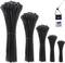 Five bundles of black cable ties in various sizes; on the right, a cable holder with 3M foam backing.