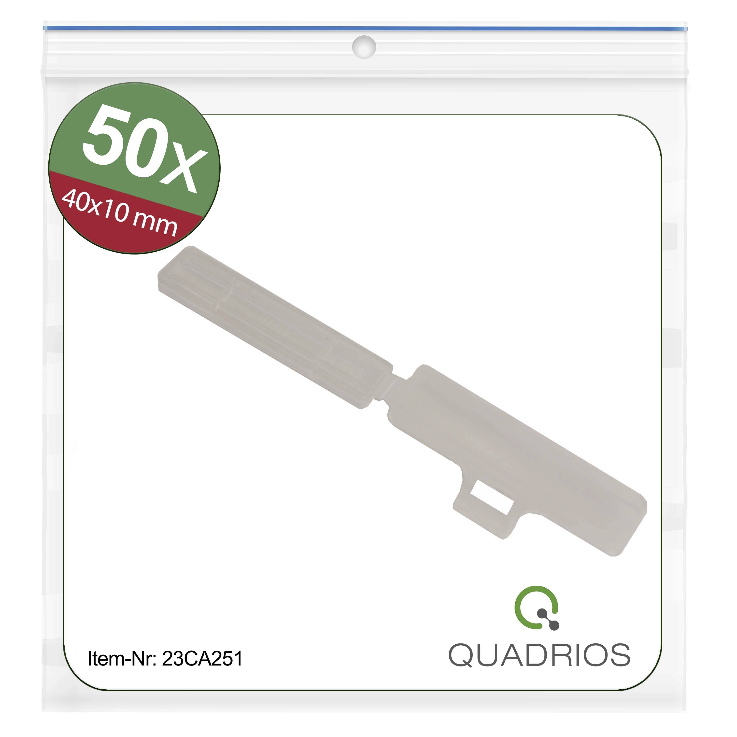 'Poly bag with 50 white plastic clips, 40x10 mm. Item number: 23CA251. Brand: Quadrios.'