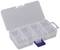 Transparent, open plastic box with nine compartments and a blue closure clip. Perfect for storing small items.