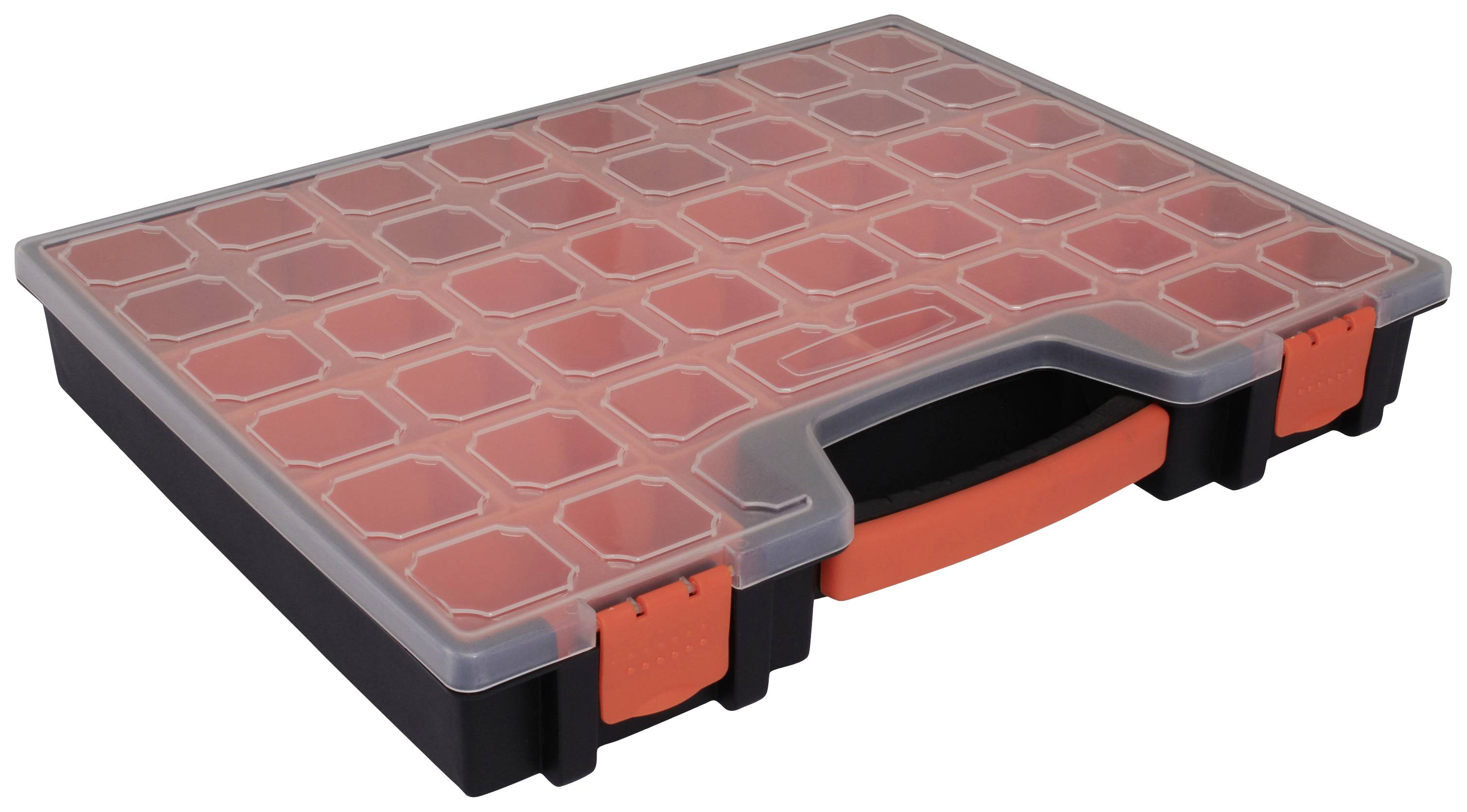 Transparent storage box with an orange handle and lid, featuring multiple compartments for storing small items.