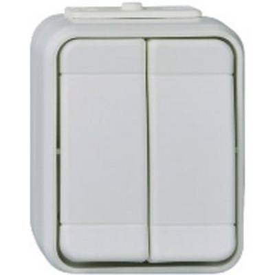 A white, rectangular light switch on the wall, with two separate buttons for controlling lights.
