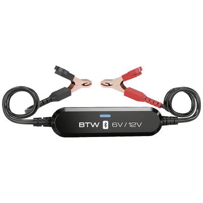 'Battery charger with 6V/12V. Shows black and red clamps for connection. Bluetooth-enabled, suitable for various vehicles.'