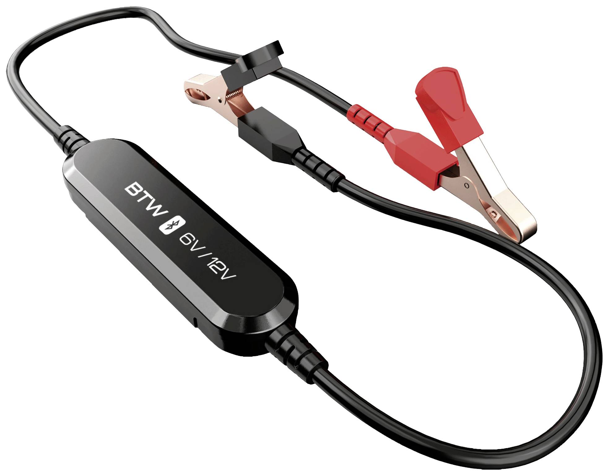 'Black battery charger with BTW 6V/12V inscription, equipped with red and black clamps for connection.'