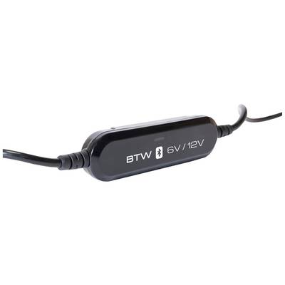 A black Bluetooth adapter with the inscription 'BTW 6V/12V', connected with two cables at both ends.