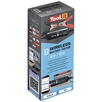 Packaging for a Wireless Battery Tester for 6V/12V. Displays app and tester images. Compatible with Android and iOS.