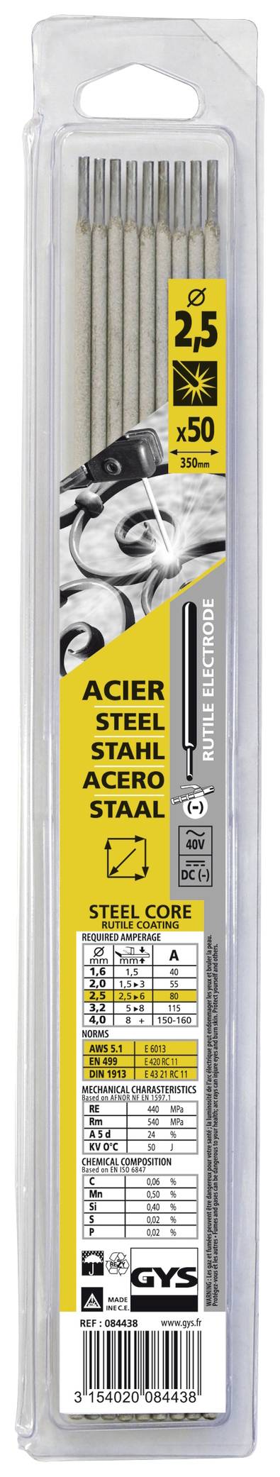 GYS Ruti-Stahl Welding electrods 50 pc(s) (Ø x L) 2.5 mm x 300 mm 80 A (max.)