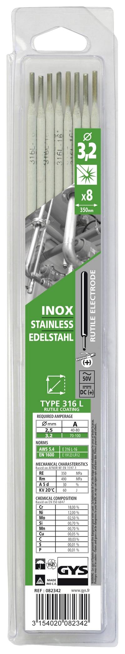 GYS Edelstahl Welding electrods 8 pc(s) (Ø x L) 3.2 mm x 350 mm 70 - 100 A
