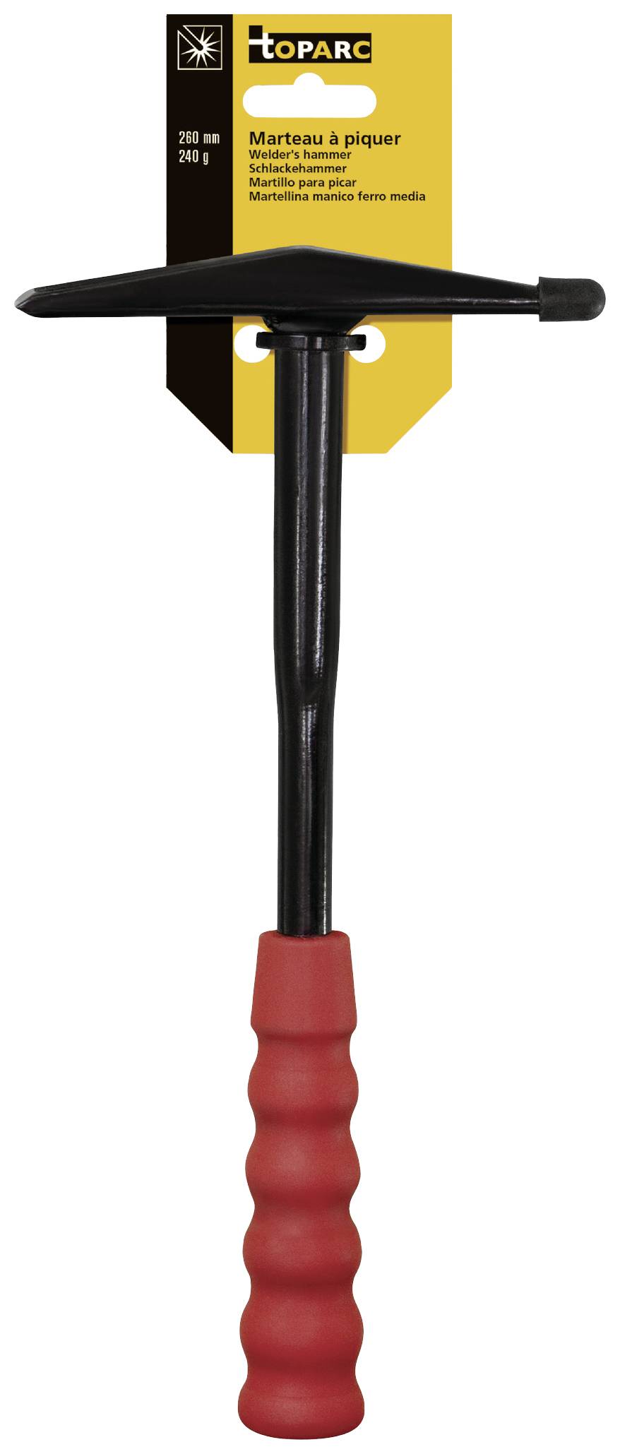 A pointed hammer with a red handle and black head, packaged in a yellow box with the brand label 'Toparc'.