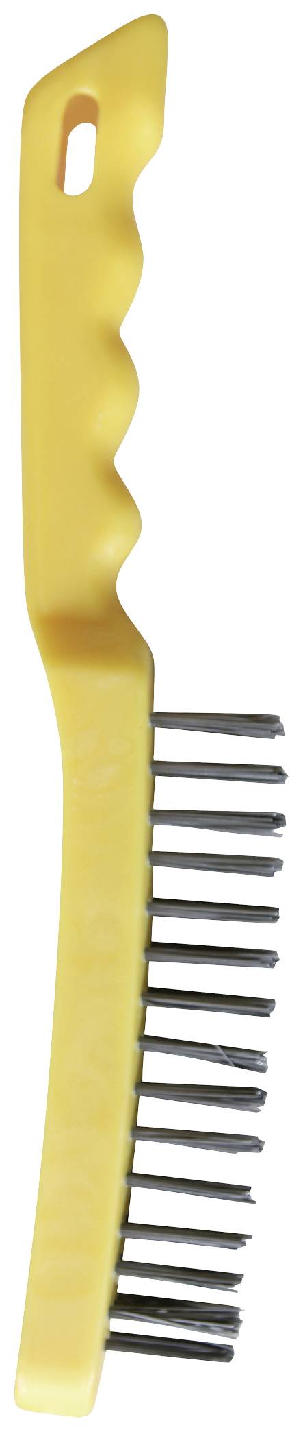 Yellow hand brush with a wavy handle and short, dense bristles. Ideal for cleaning surfaces.