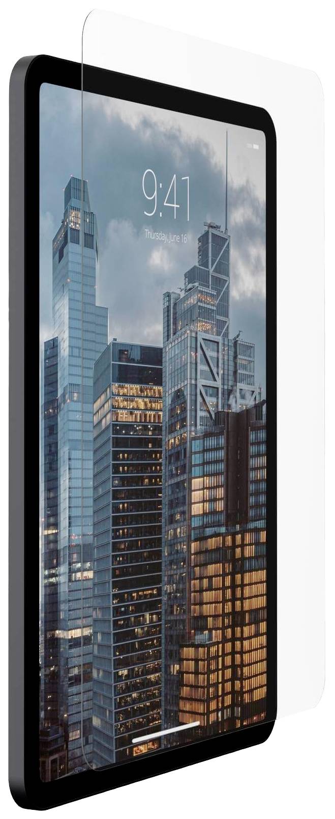 Tablet with a screen protector. The display shows a cityscape with skyscrapers and the time '9:41'.
