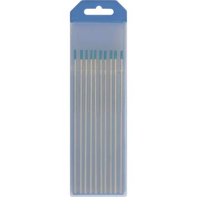 Blue plastic case holding a set of thin metal sewing needles or pins arranged vertically.