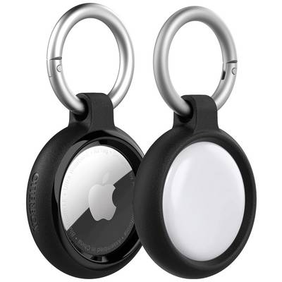 'Two black protective covers for tracking devices, fitted with silver key rings. One cover displays the Apple logo.'