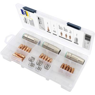 Plastic storage case with labeled insert and compartments holding copper battery contacts, springs, and three cylindrical metal parts.