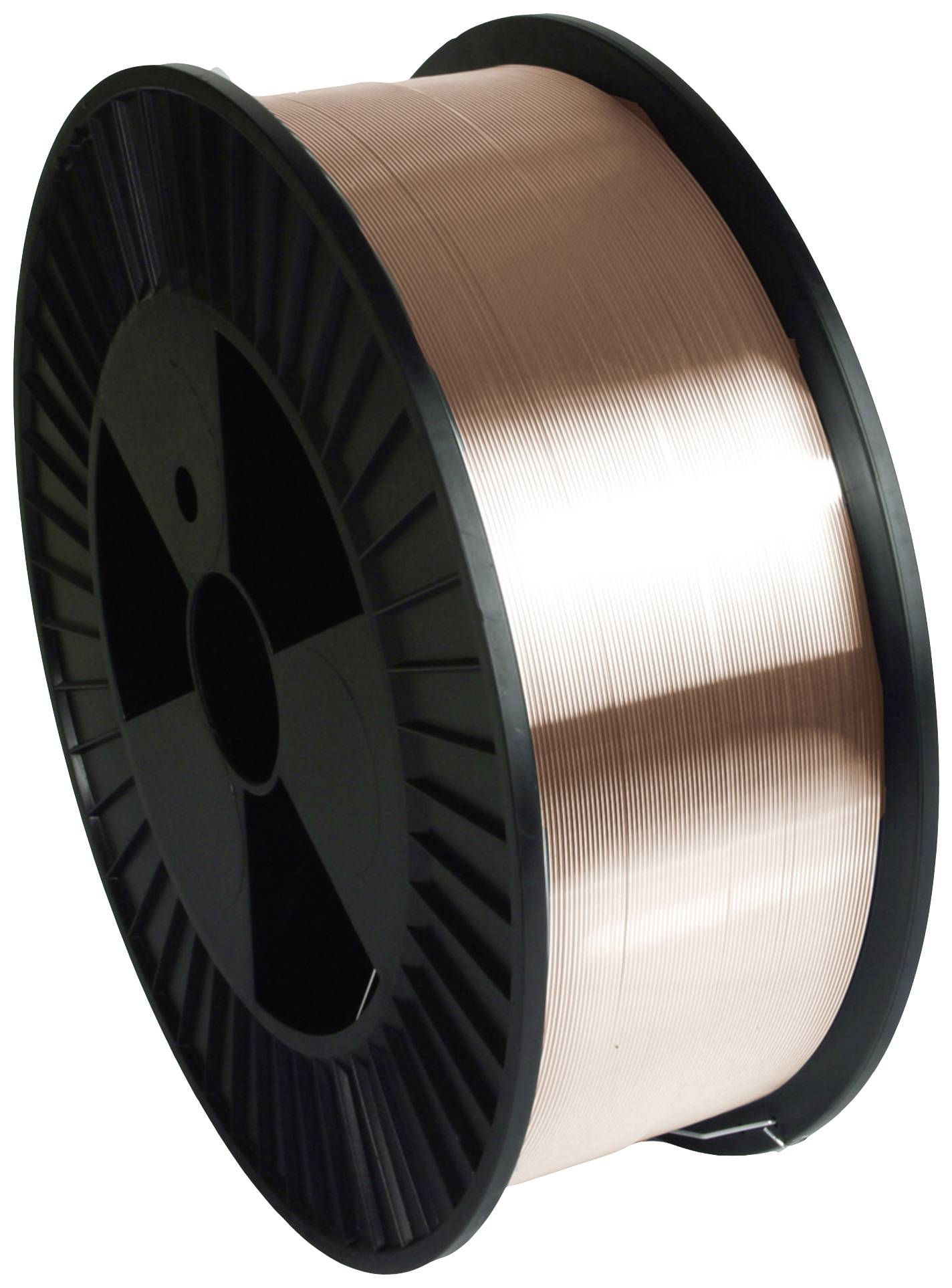 A large reel with copper-coloured wire wound onto a black plastic spool.