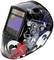 Welding helmet with a colourful, patterned design and viewing window, equipped with various protective settings.