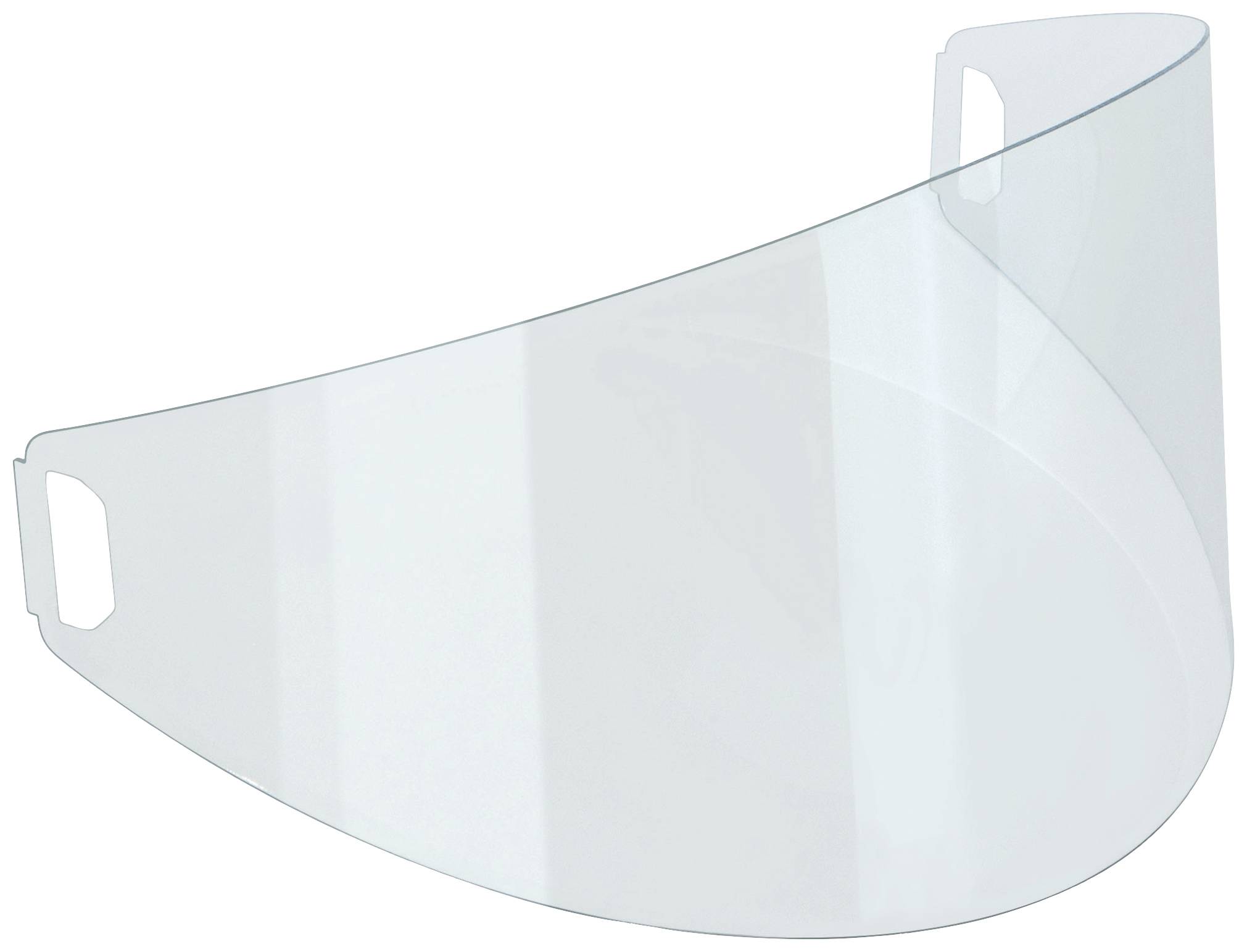 Clear plastic helmet visor, slightly curved, with mounting holes on the sides.