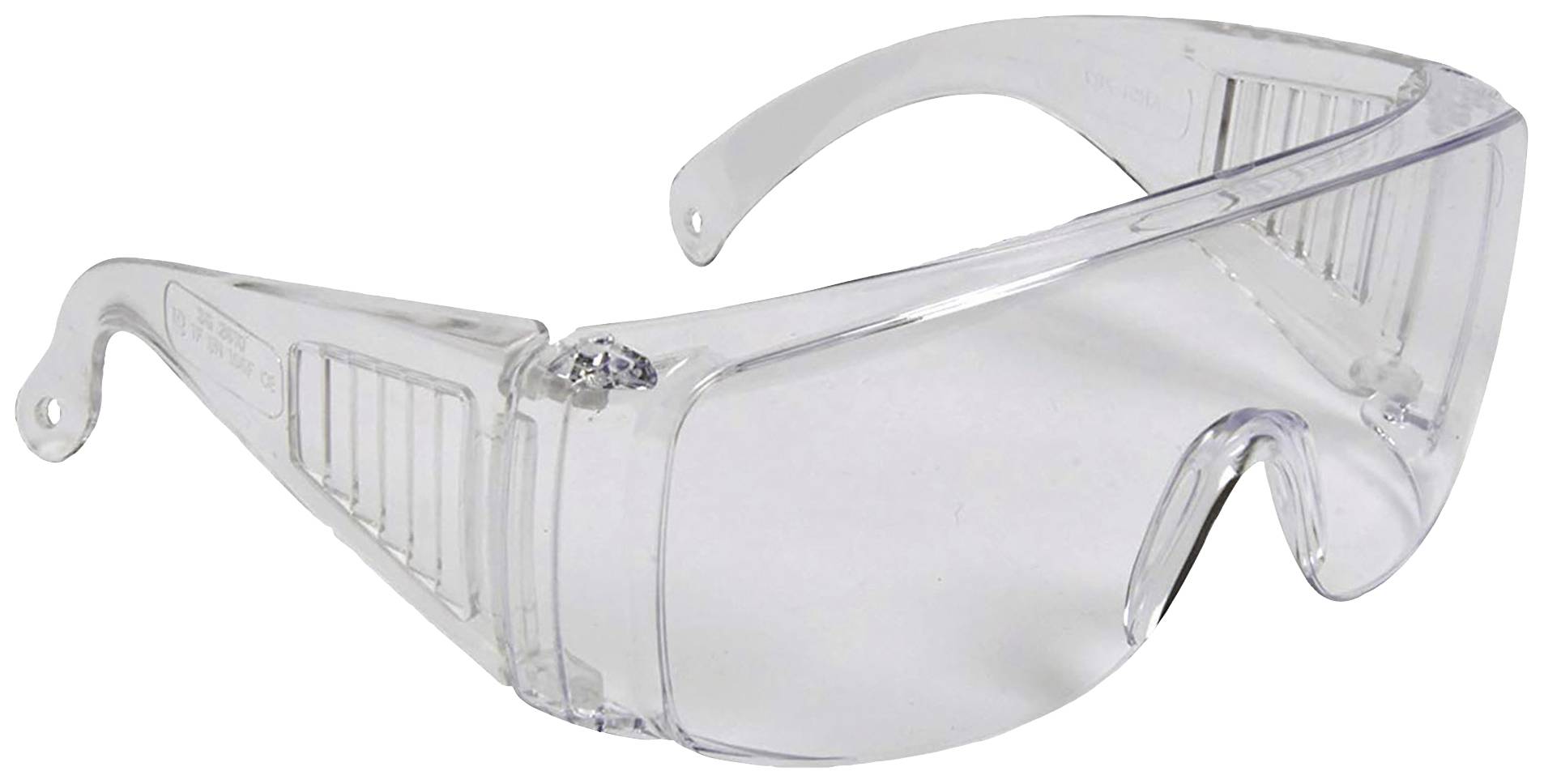 Transparent safety glasses with side ventilation slots, suitable for general eye protection in laboratory environments.
