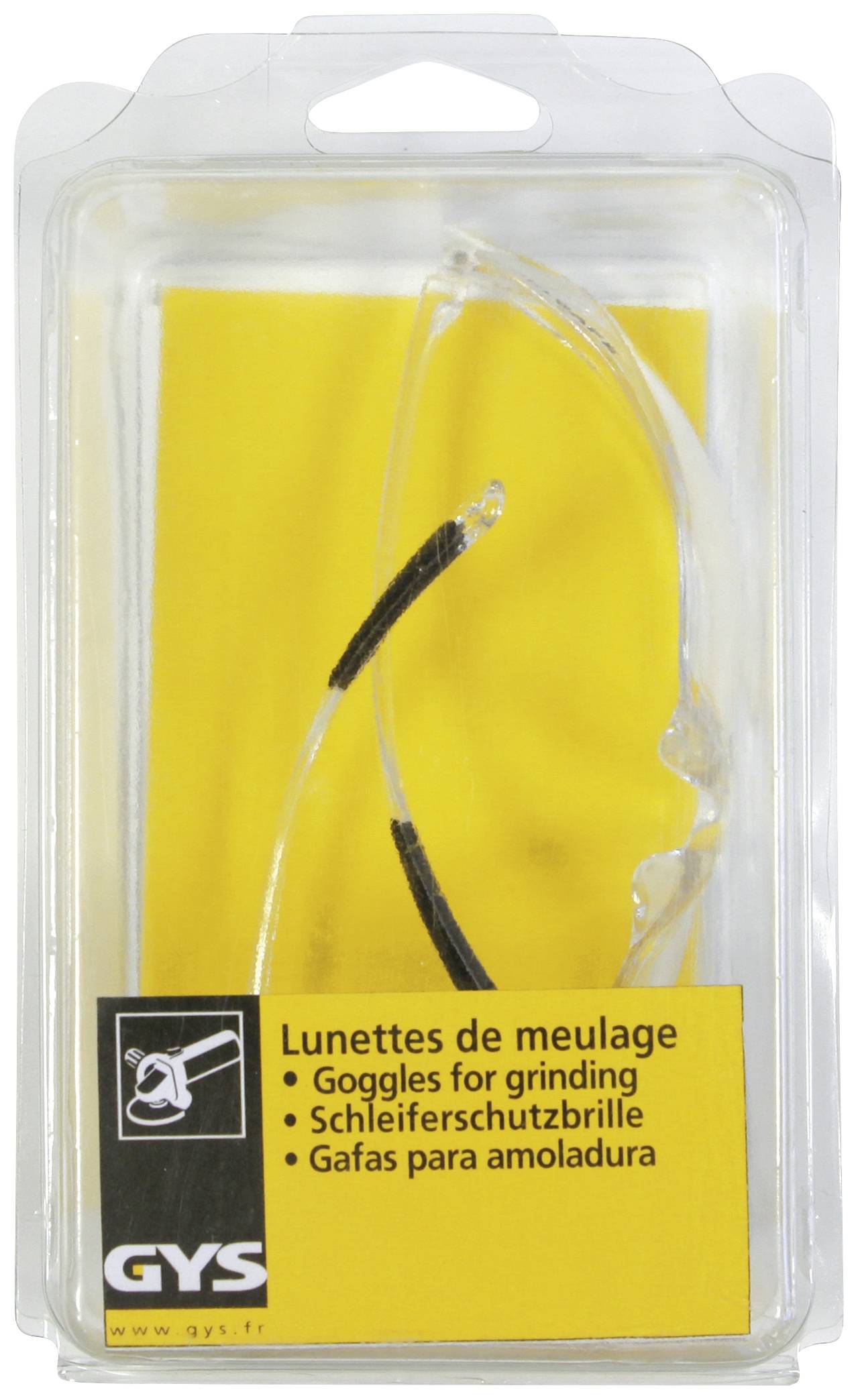 'Safety grinding goggles in plastic packaging, yellow background image, label with multilingual inscription.'