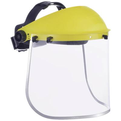 A yellow plastic face protection helmet with a clear visor that covers the entire face. Designed to provide protection during work.