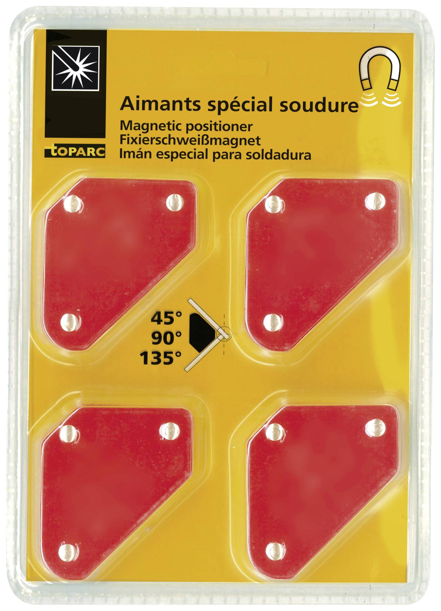 Four red magnetic holders for welding work in a transparent plastic case, shown with angles of 45°, 90° and 135°.