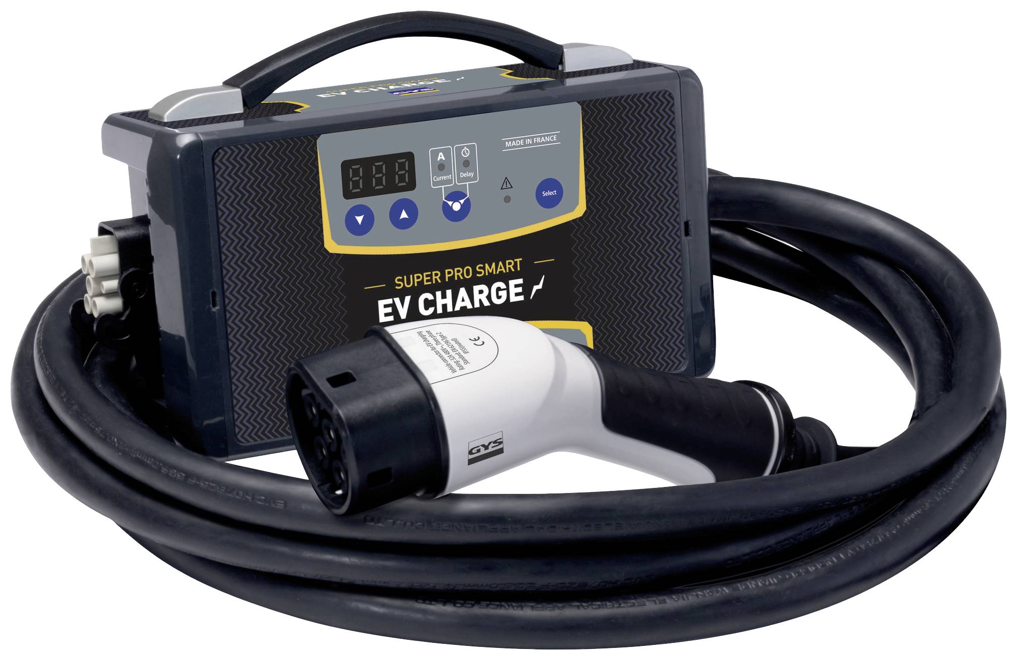 Electric vehicle charging station; a black cable with a white charging adapter, connected to a control unit.