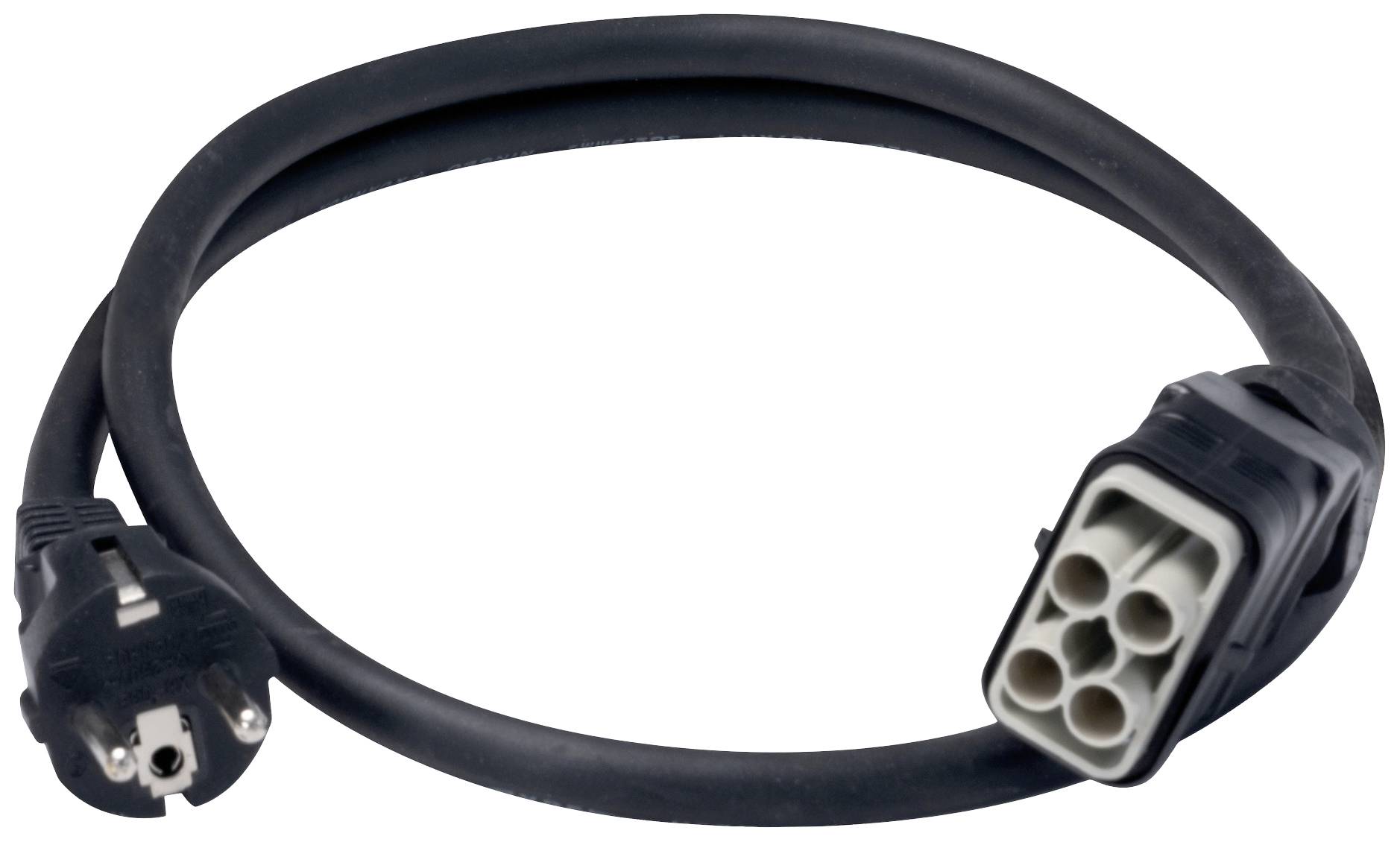 A black charging cable with a Type 2 plug, suitable for charging electric vehicles, is coiled on a white background.