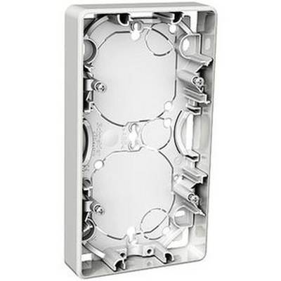 A rectangular, white recessed double socket box with multiple mounting holes and cable cut-outs. It is empty without any devices inserted.
